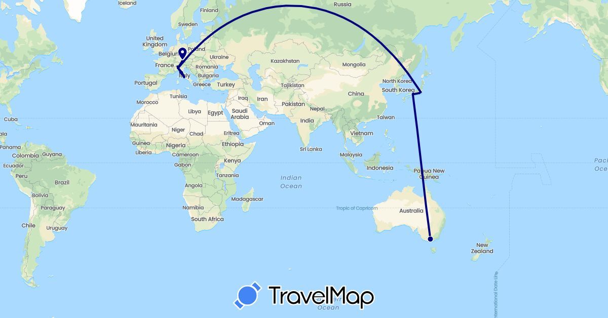 TravelMap itinerary: driving in Australia, Switzerland, Germany, Italy, Japan (Asia, Europe, Oceania)